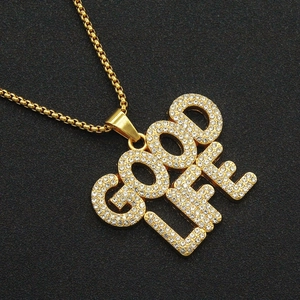 Golden hip hop necklace with GOOD LIFE pendant featuring full crystal rhinestones