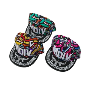 Detailed view of three snapback hats with MDIV 3D embroidery and colorful patterns