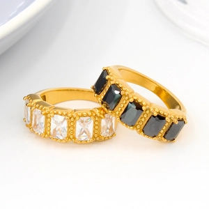 Minimalist gold titanium steel rings with rectangular clear and black zircon stones