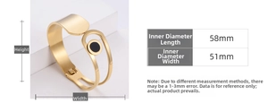 Detailed size chart showing 58mm by 51mm dimensions for the gold titanium steel bangle