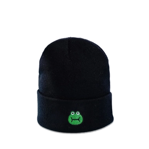 Close-up of green frog embroidery detail on a classic black knitted beanie hat