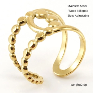 Detailed macro view of 18k gold plated stainless steel hollow ring with adjustable band