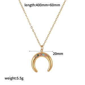 Detail view of gold moon necklace with colored rhinestones and size specifications