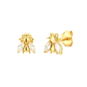 Detail of S925 silver bee earrings with gold finish and marquise zircon stones