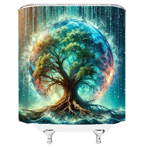 Artistic Tree of Life fabric shower curtain with vibrant digital sun and moon pattern