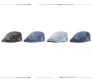 Flat lay of denim newsboy caps in black, blue, and light blue with diamond jacquard patterns