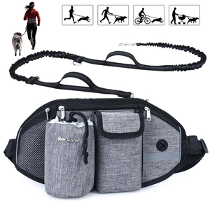 Outdoor pet waist bag detail with water bottle holder, reflective strips and bungee leash