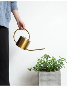 Macro detail of a golden stainless steel watering can with a long thin spout for precision