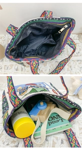 Interior detail of ethnic canvas tote showing zipper pocket and spacious storage capacity