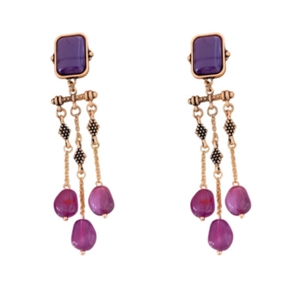 Vintage gold square earrings with purple resin bead tassels in a minimalist studio shot