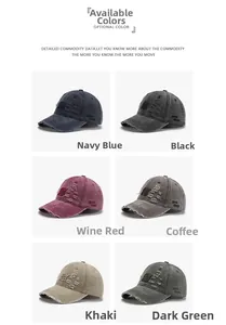 Detail showing six colors of distressed baseball caps with vintage 3D letter embroidery