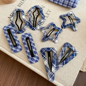Plaid Cloth Wrapped Metal BB Hair Clip Star Triangle Rectangle Shapes Korean Fresh Style Side Fringe Barrette For Women