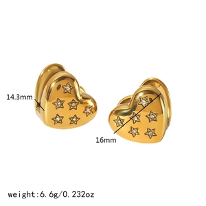 Gold heart hoop earrings with inset star-shaped diamonds and size measurements