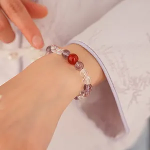 Elegant crystal agate bead bracelet with Fu character charm in New Chinese style