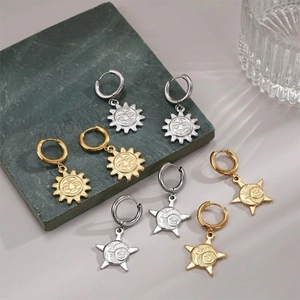 Sun Face Star Moon Pendant Hoop Earrings Stainless Steel Gold Plated Celestial Bohemian Vintage Jewelry For Women