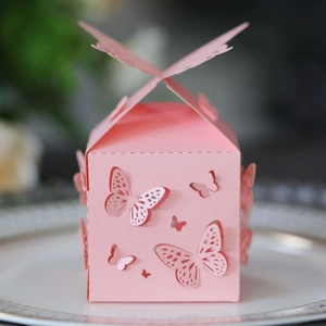 Makroaufnahme der rosa Geschenkschachtel mit Laserschnitt-Schmetterling auf Keramikteller