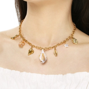 Ocean Theme Pendant Necklace Stainless Steel Shell Starfish Mermaid Tail Summer Beach Vacation Jewelry For Women