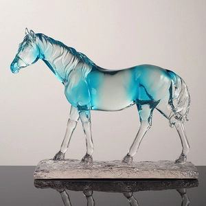 Modern abstract horse sculpture in blue and white resin glass art on reflective base