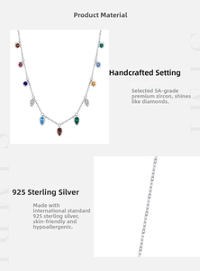 Close-up of S925 sterling silver necklace featuring hand-set colorful zircon pendants