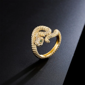 Snake Wrap Ring Copper 18K Gold Plated White Cubic Zirconia Green Eyes Adjustable Open Retro Bohemian For Women