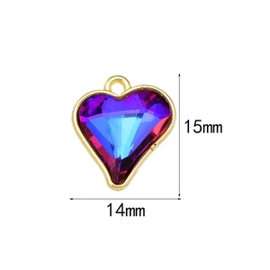 Golden heart pendant with purple and blue crystal glass, 15mm by 14mm size detail