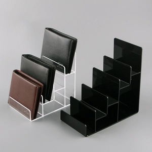 Multi-tier acrylic wallet display stand in transparent and black 4-step design