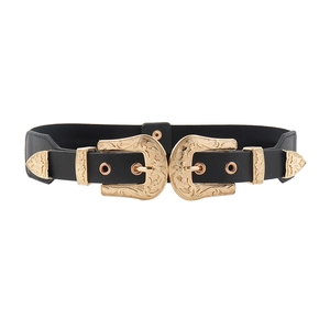 Elastic waist belt in black leather with vintage gold engraved double buckles on white background