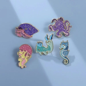 Charming ocean animal enamel brooch set featuring octopus, jellyfish, seahorse and crab