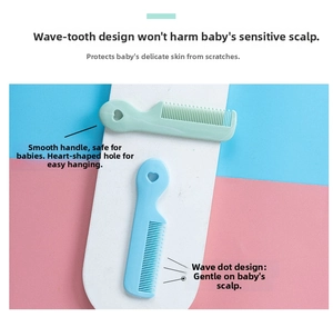 Detail view of baby hairbrush with rounded wavy teeth and heart-shaped handle hole