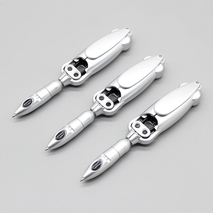 Three silver robot-shaped retractable ballpoint pens with a sleek futuristic design