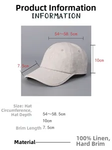Size chart showing 100% linen baseball cap measurements with a 7.5cm brim and adjustable fit