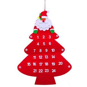 Red felt Christmas tree advent calendar with Santa topper and 24 numbered gift pockets