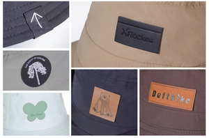 Detail shots of various color sun hats featuring embroidered patches and fabric texture