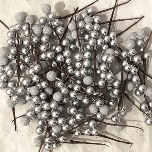 Silver artificial berry stems for wedding favors with metallic and frosted finishes