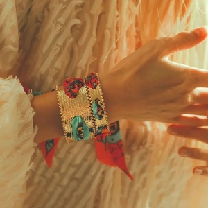 French retro matte gold bangle set with colorful printed silk scarf wrap for women