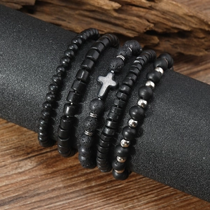Men's gothic cross bracelet set featuring black lava stone and multi-layer wooden beads