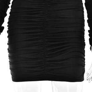 Detail shot of black bodycon dress with horizontal ruching texture on elastic fabric