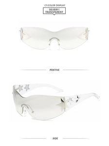 Detailed views of Y2K rimless wrap sunglasses with silver star decor and grey lenses