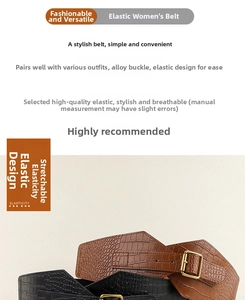 Detail of wide elastic corset belt with crocodile texture and gold-tone alloy buckle