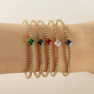 Collection Bijoux Femmes Acier Inoxydable Plaqué Or 18K Pierres Précieuses Carrées Colorées Strass Boucles Oreilles Bague Bracelet