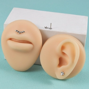 Nahaufnahme von Edelstahl-Labret-Stecker und Pfoten-Piercing am Display-Modell