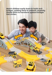 Interactive DIY construction track set featuring mini engineering trucks and bridge parts