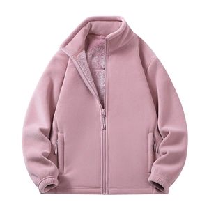 Lotus pink polar fleece zip-up jacket with stand collar and windproof elastic cuffs