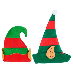 Classic red and green striped Christmas elf hats with ears and white pompom for adults and kids