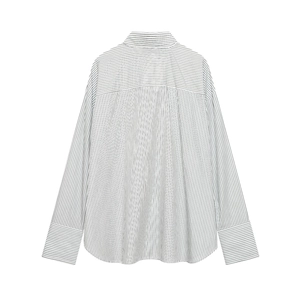 Back view of a striped poplin shirt with long sleeves and a curved hemline
