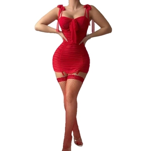 Sexy deep V neck red bodycon chemise with lace stockings and bow detail