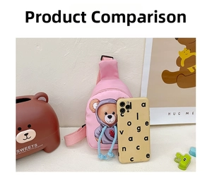 Pink cartoon bear crossbody chest bag for kids compared with a smartphone for size scale