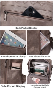 Detail view of large capacity backpack compartments for tablet, water bottle and essentials