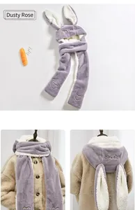 Detail of bunny ears hooded scarf with heart embroidery in bean paste purple plush fabric