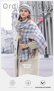 Detail of blue and grey check cashmere scarf with floral patterns and tassels